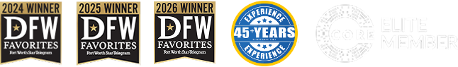 DFW Favorites winner badges, 45+ years experience and CORE Elite Member